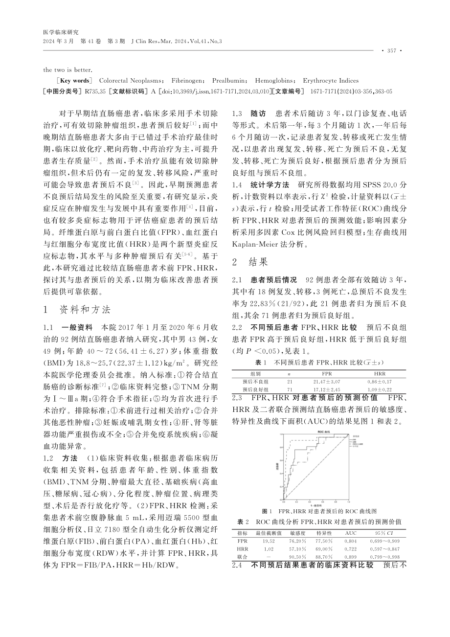 纤维蛋白原与前白蛋白比值、血红蛋白与红细胞分布宽度比与结直肠癌患者预后的关系.pdf_第2页