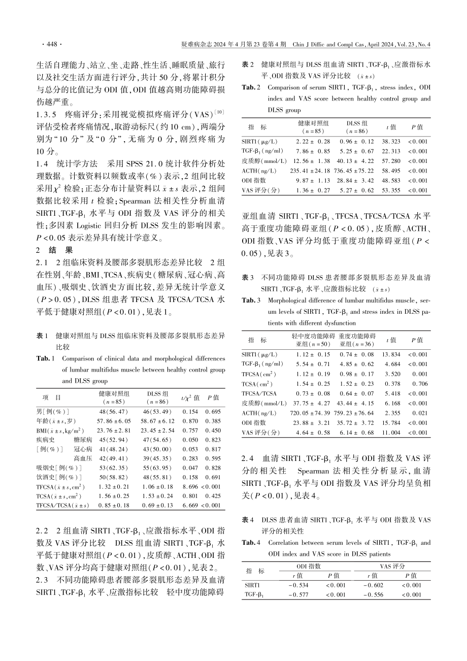 血清SIRT1、TGF-β1表达与退行性腰椎管狭窄症患者功能障碍指数及疼痛评分的相关性分析.pdf_第3页