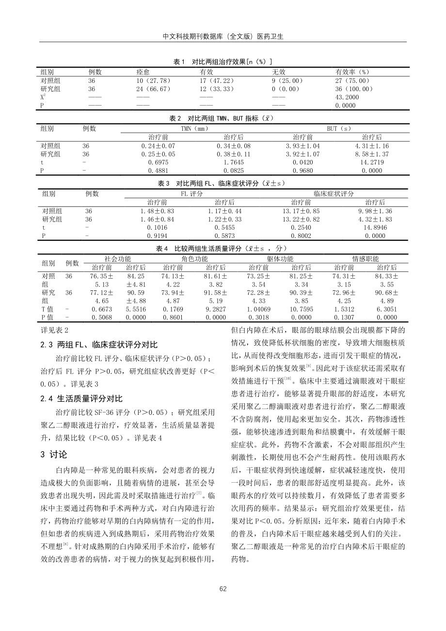 聚乙二醇眼液治疗白内障术后干眼症患者的效果和对生活质量的改善效果分析.pdf_第2页