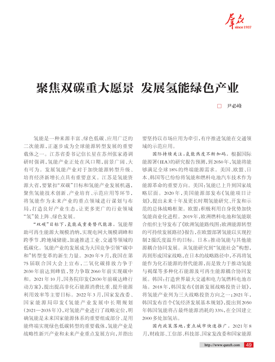 聚焦双碳重大愿景 发展氢能绿色产业.pdf_第1页