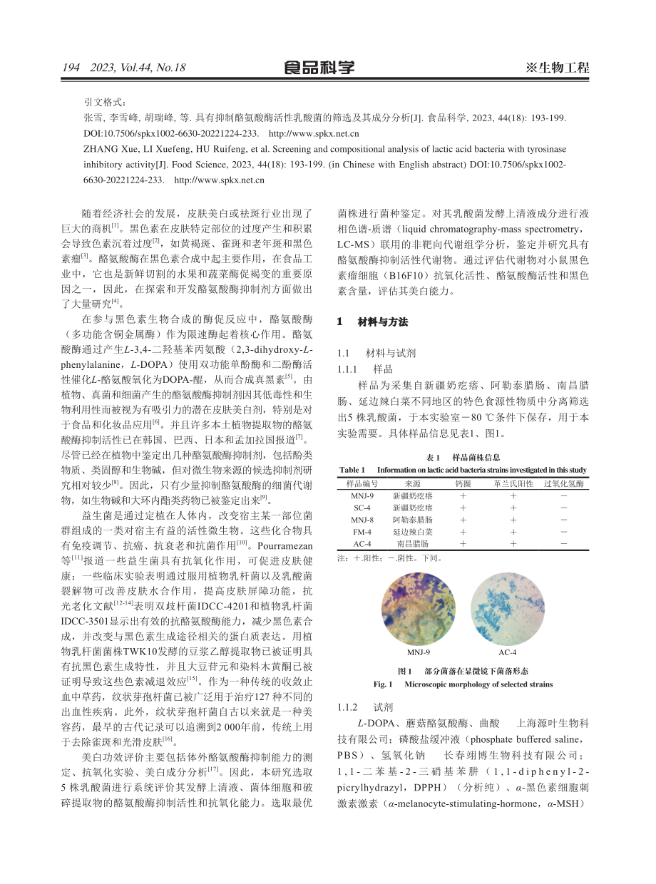 具有抑制酪氨酸酶活性乳酸菌的筛选及其成分分析.pdf_第2页