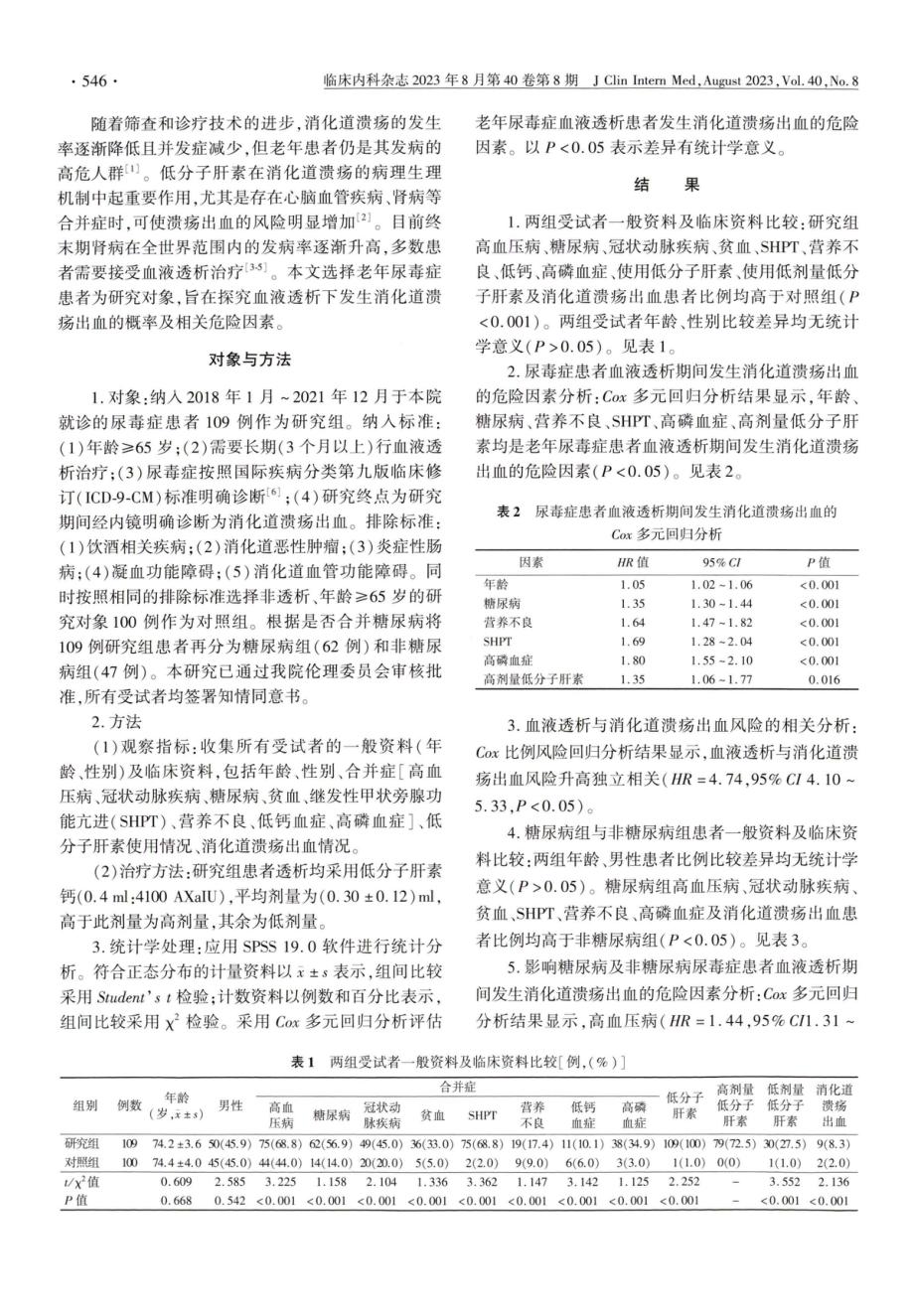 老年尿毒症血液透析患者发生消化道溃疡出血的危险因素分析.pdf_第2页