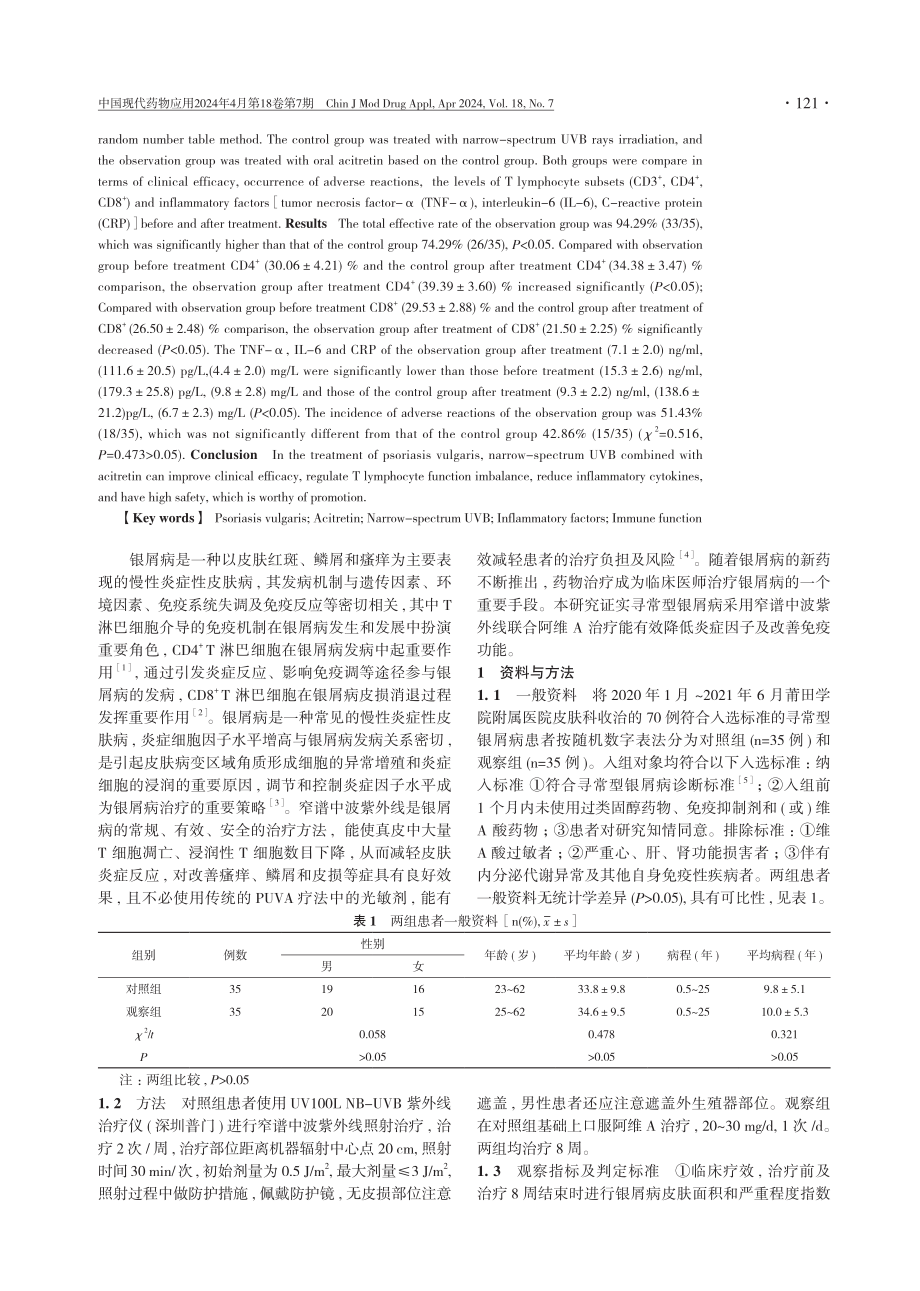 窄谱中波紫外线联合阿维A对寻常型银屑病患者的炎症因子、免疫功能的影响探讨.pdf_第2页