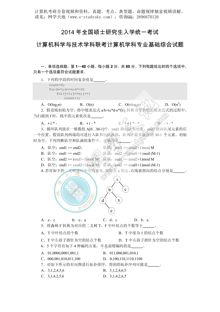 2014年联考《408计算机学科专业基础综合》真题.pdf_第1页