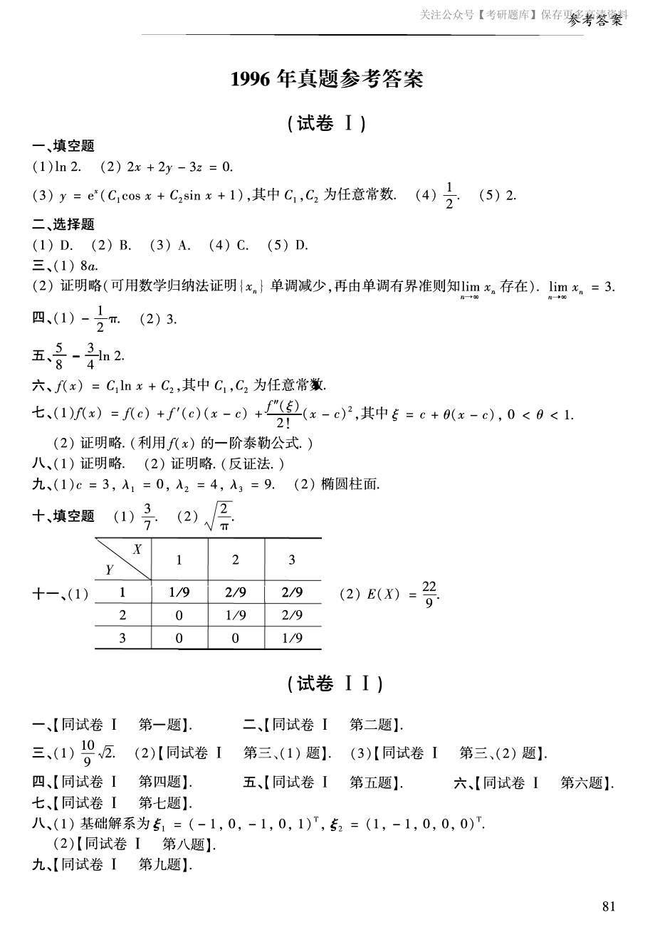 1996年考研数学一真题答案速查.pdf_第1页